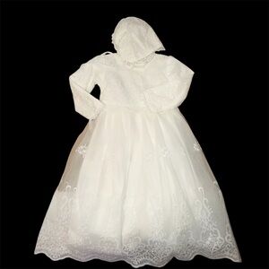 Elegant White Lace Christening Baptism Gown Dress Matching Bonnet NWOT